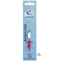 Baracuda fishing lure packaging with blue background and red and silver lure.
