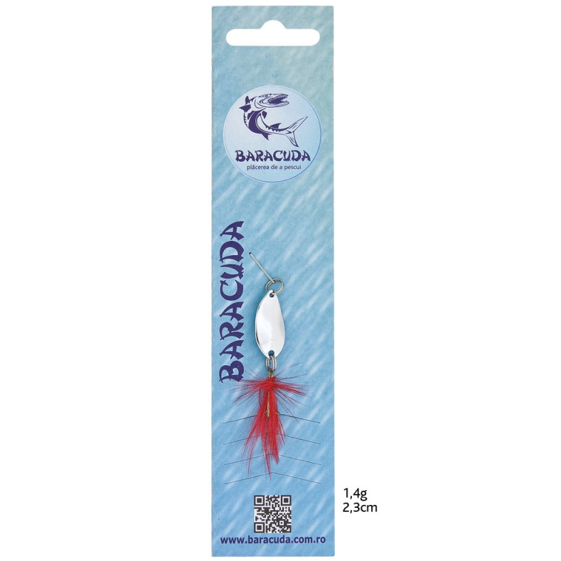 Baracuda fishing lure packaging with blue background and red and silver lure.