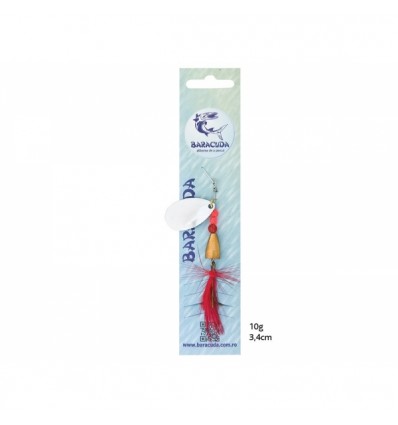 Baracuda fishing lure packaging with a white and red lure on a light green background