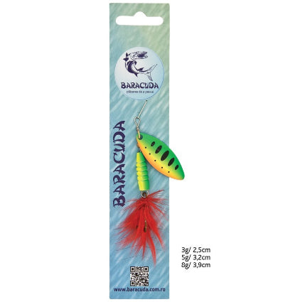 Baracuda fishing lure packaging with a colorful lure on a light blue background